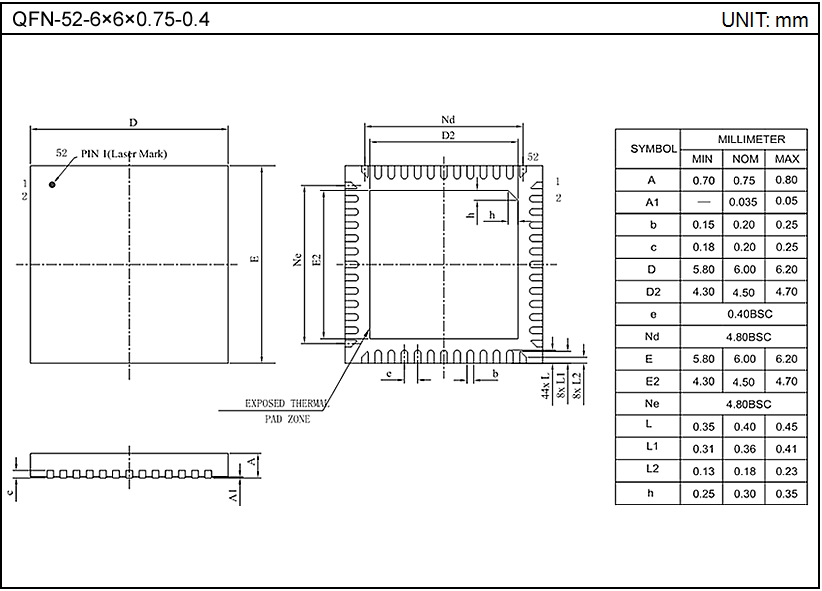QFN-52-6×6×0.75-0.4（单基岛）